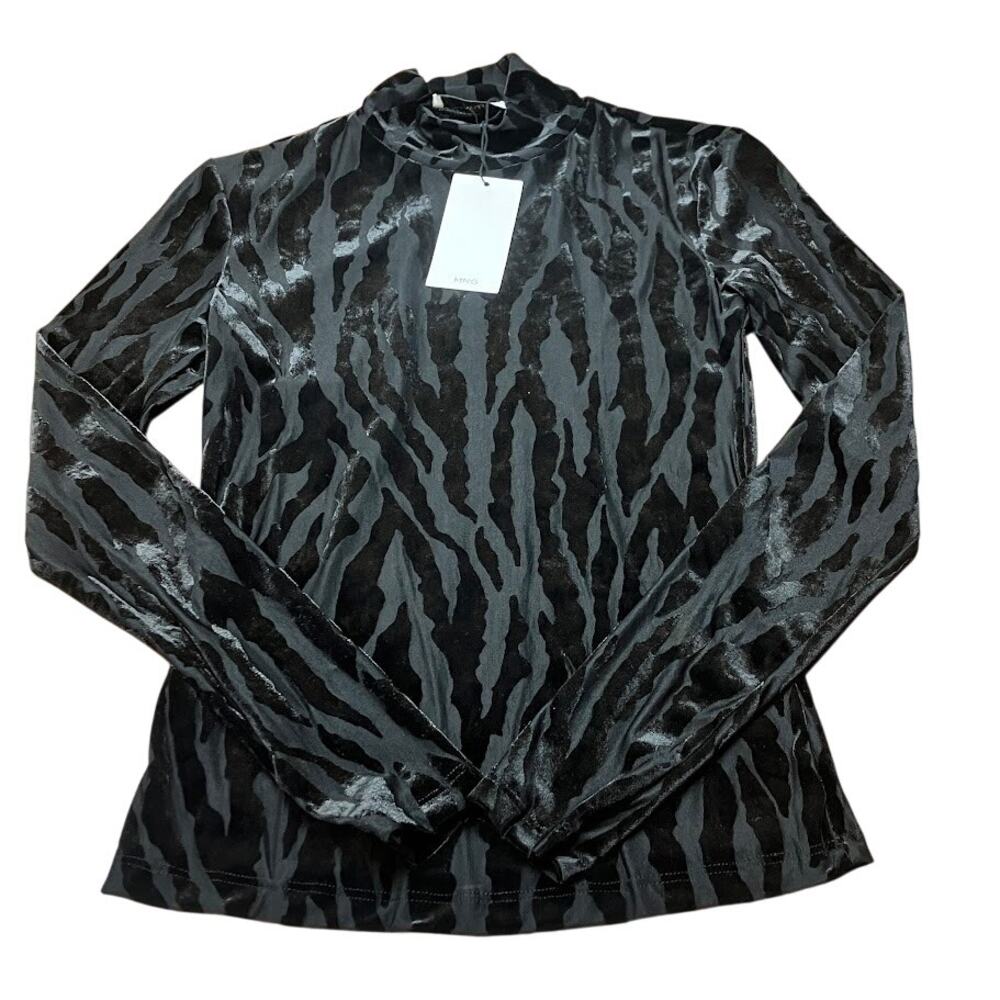 MNG Mango Top Velvet Semi Sheer Long Sleeve Black Zebra Bodycon Blouse Size XS